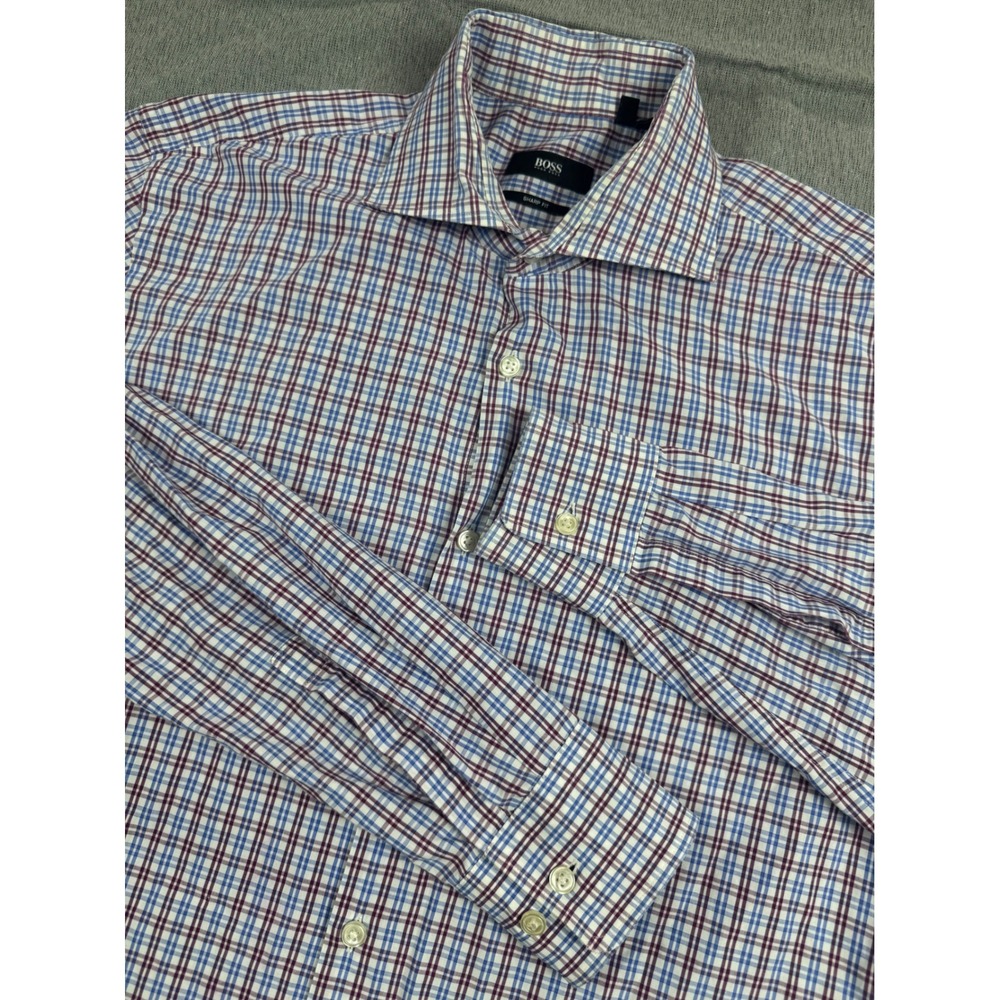 Hugo Boss Sharp Fit Mens 16 34/35 Blue Burgundy Plaid Cotton Dress Shirt